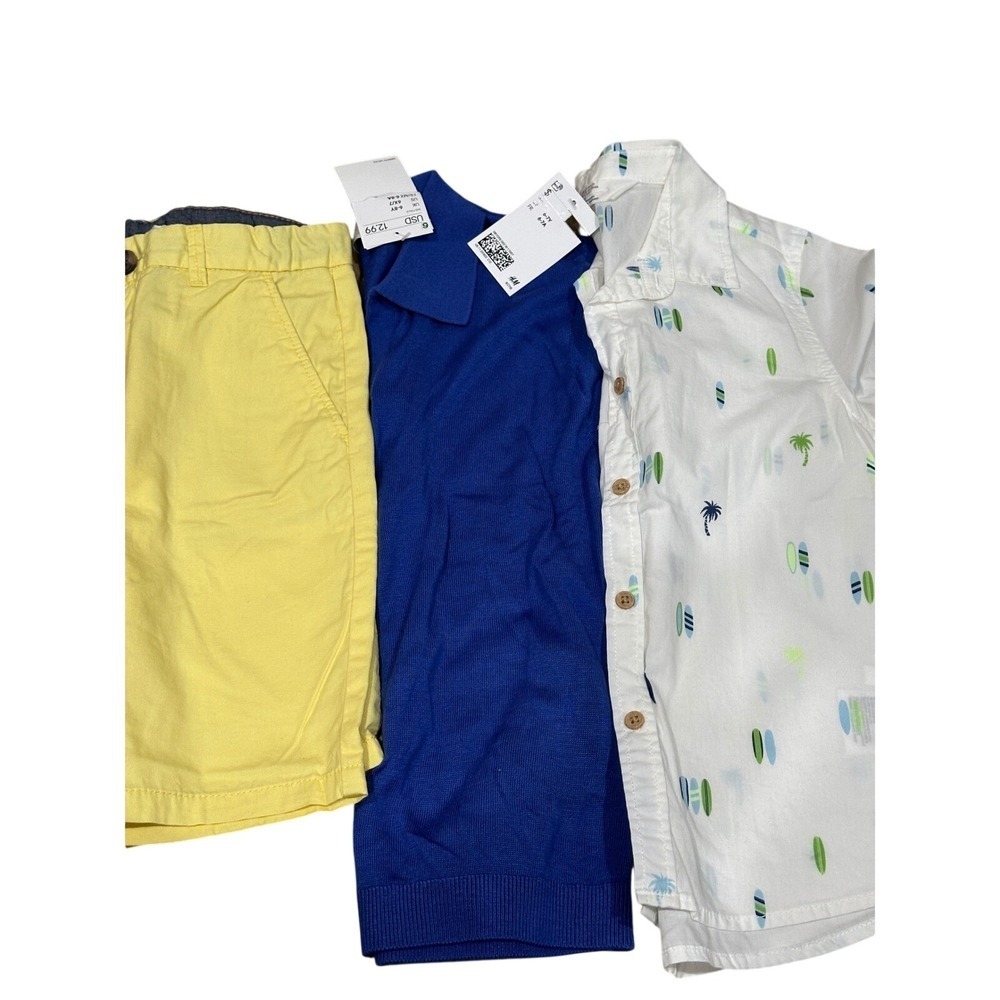HM Boys 3 Piece Lot Blue Knit Polo White Surfboard Shirt Yellow Shorts Size 6-8Y